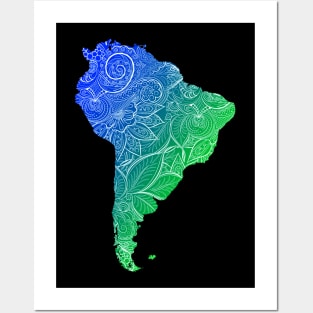 Colorful mandala art map of South America with text in blue and green Posters and Art